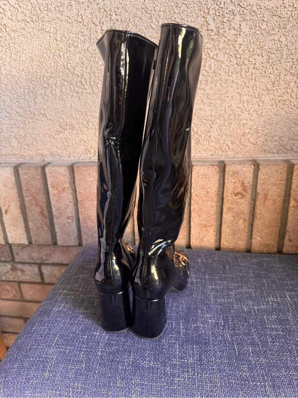 Jeffrey Campbell Black Patent Over-the-Knee Boots with Gold Bit